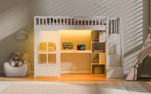 English Elm Twin Loft Bed with Storage Staircase Open Shelves and Playhouse Window Panel White N7090005056K