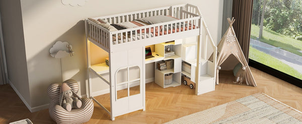 English Elm Twin Loft Bed with Storage Staircase Open Shelves and Playhouse Window Panel White N7090005056K