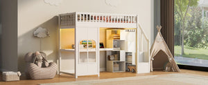 English Elm Twin Loft Bed with Storage Staircase Open Shelves and Playhouse Window Panel White N7090005056K