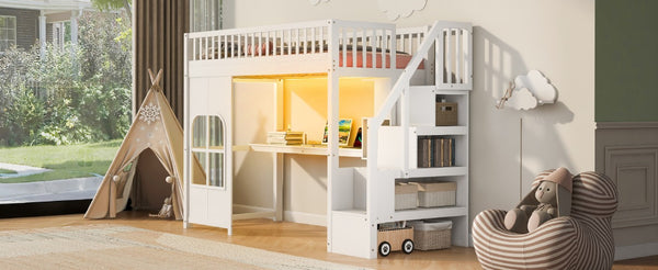 English Elm Twin Loft Bed with Storage Staircase Open Shelves and Playhouse Window Panel White N7090005056K