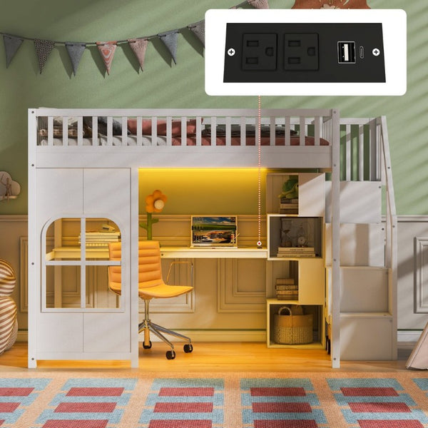 English Elm Twin Loft Bed with Storage Staircase Open Shelves and Playhouse Window Panel White N7090005056K