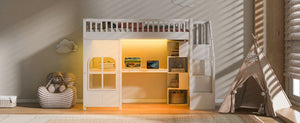 English Elm Twin Loft Bed with Storage Staircase Open Shelves and Playhouse Window Panel White N7090005056K