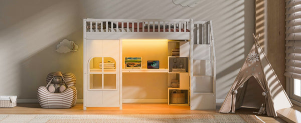 English Elm Twin Loft Bed with Storage Staircase Open Shelves and Playhouse Window Panel White N7090005056K