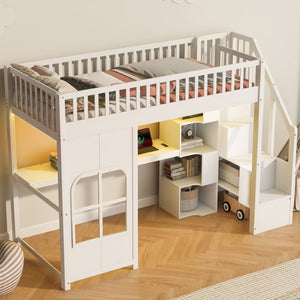 English Elm Twin Loft Bed with Storage Staircase Open Shelves and Playhouse Window Panel White N7090005056K