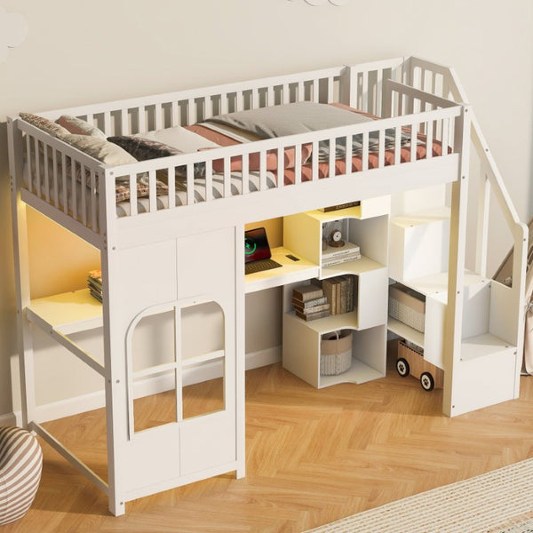 English Elm Twin Loft Bed with Storage Staircase Open Shelves and Playhouse Window Panel White N7090005056K