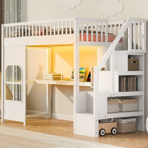 English Elm Twin Loft Bed with Storage Staircase Open Shelves and Playhouse Window Panel White N7090005056K