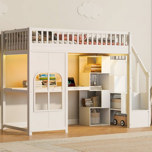 English Elm Twin Loft Bed with Storage Staircase Open Shelves and Playhouse Window Panel White N7090005056K