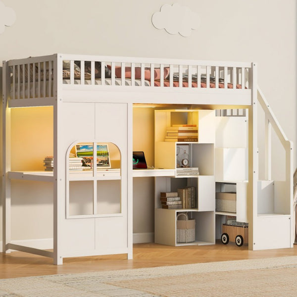 English Elm Twin Loft Bed with Storage Staircase Open Shelves and Playhouse Window Panel White N7090005056K