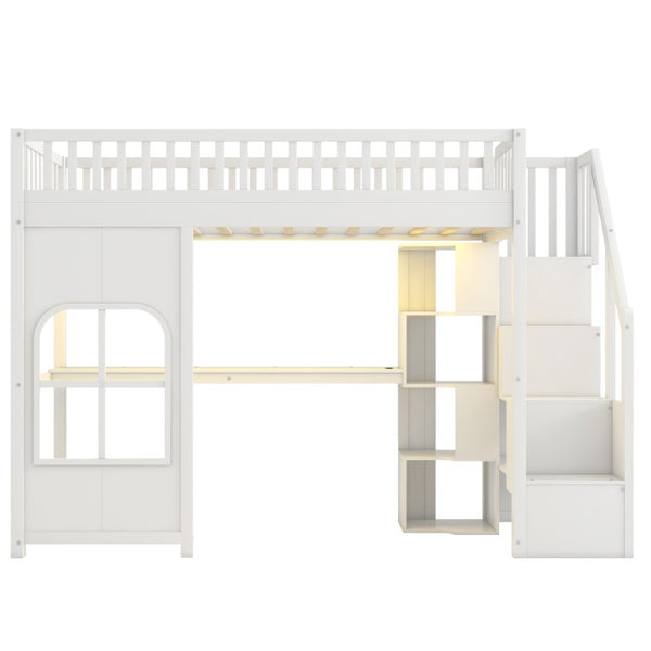 English Elm Twin Loft Bed with Storage Staircase Open Shelves and Playhouse Window Panel White N7090005056K