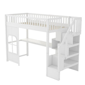 English Elm Twin Loft Bed with Storage Staircase Open Shelves and Playhouse Window Panel White N7090005056K