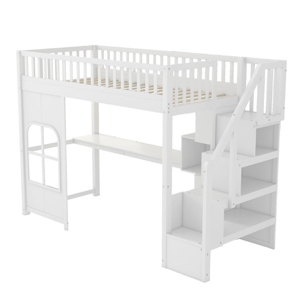 English Elm Twin Loft Bed with Storage Staircase Open Shelves and Playhouse Window Panel White N7090005056K