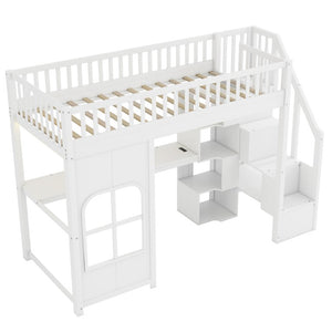 English Elm Twin Loft Bed with Storage Staircase Open Shelves and Playhouse Window Panel White N7090005056K