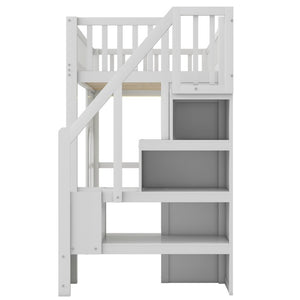 English Elm Twin Loft Bed with Storage Staircase Open Shelves and Playhouse Window Panel White N7090005056K