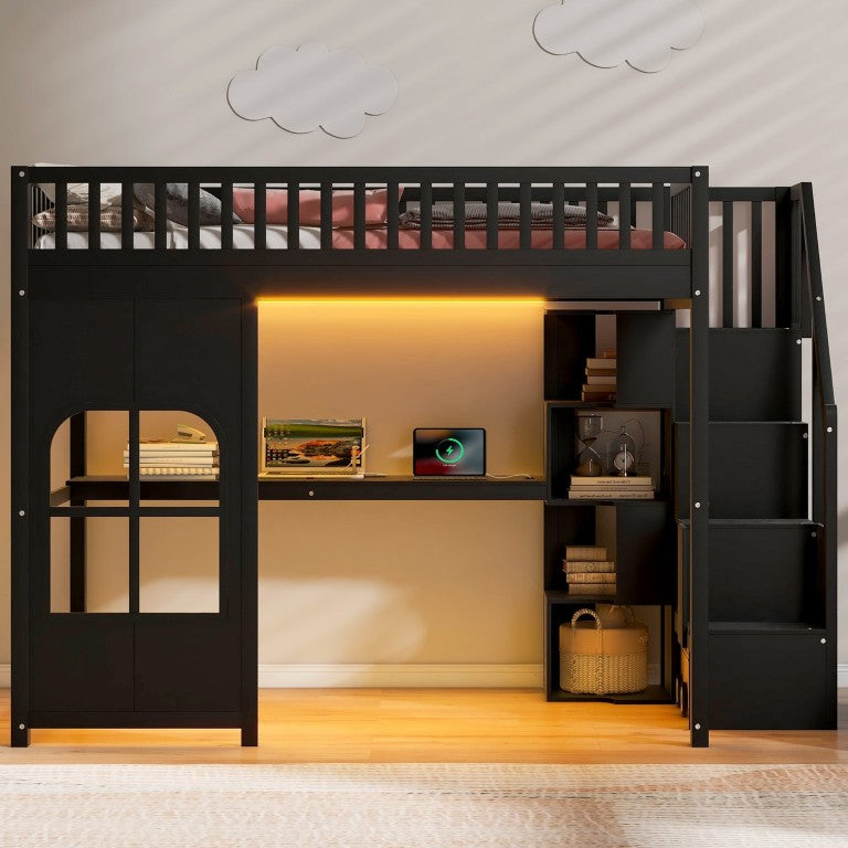 English Elm Full Size Kids Loft Bed with Stair Storage LED Lighting USB Port and Open Shelves Black N7090005057B