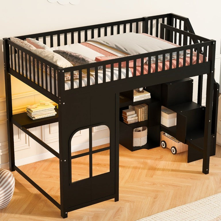 English Elm Full Size Kids Loft Bed with Stair Storage LED Lighting USB Port and Open Shelves Black N7090005057B