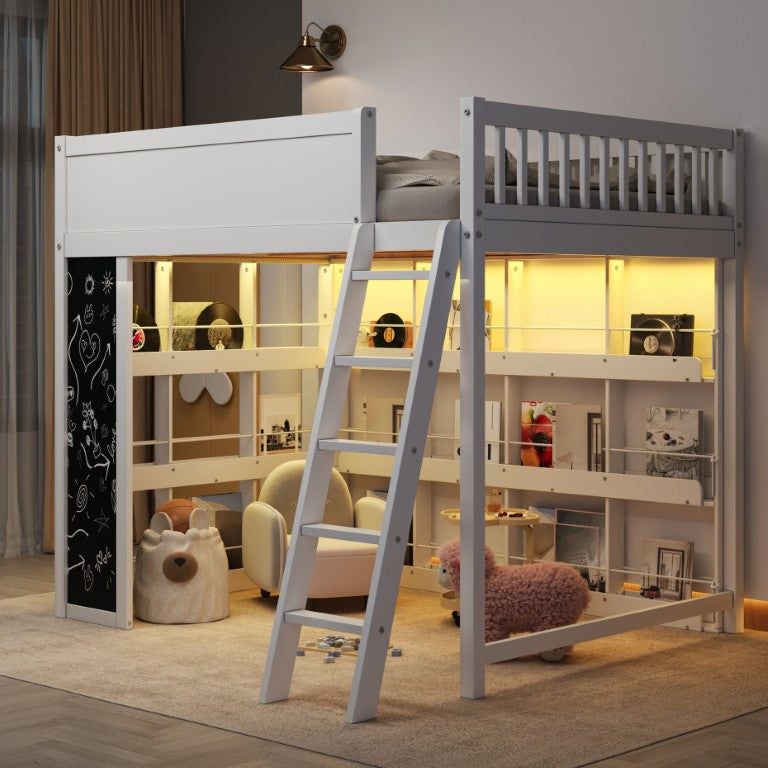 English Elm Full Size Kids Loft Bed with LED Strip Chalkboard Panel and Open Book Shelves White N7090005059K