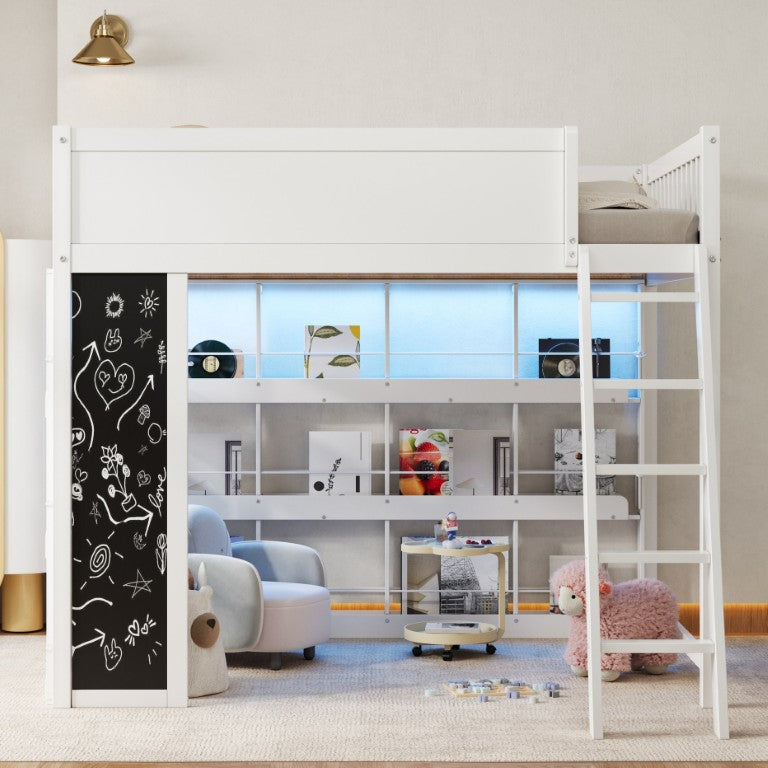 English Elm Full Size Kids Loft Bed with LED Strip Chalkboard Panel and Open Book Shelves White N7090005059K