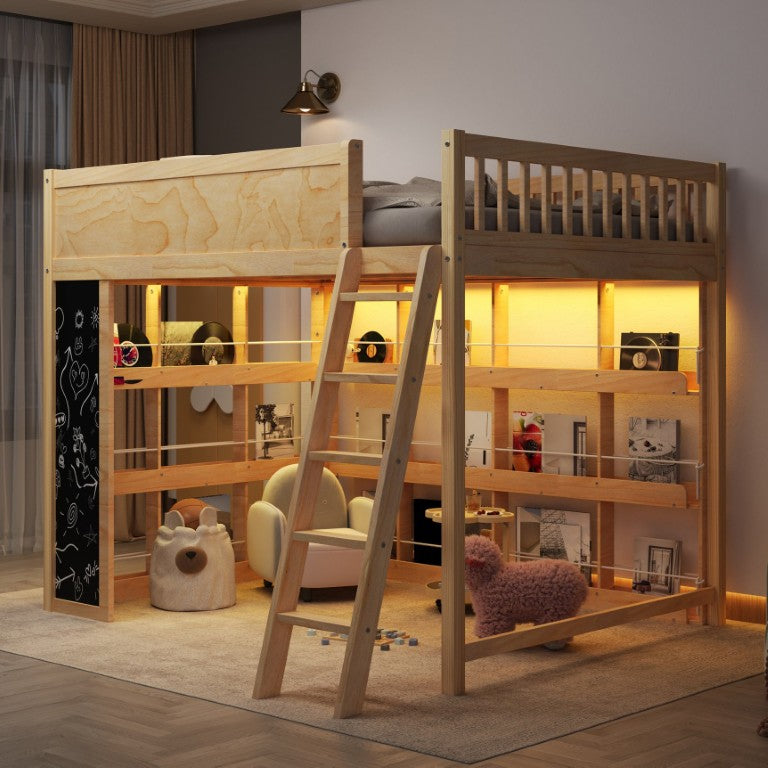 English Elm Queen Loft Bed with LED Lighting Chalkboard Panel and Storage Shelves for Kids Natural N7090005060N