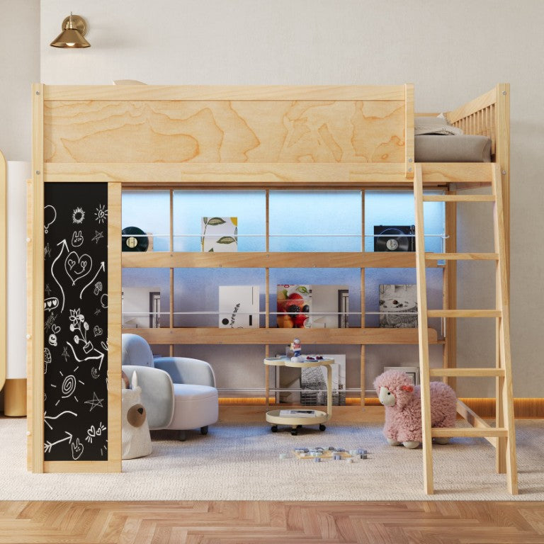 English Elm Queen Loft Bed with LED Lighting Chalkboard Panel and Storage Shelves for Kids Natural N7090005060N