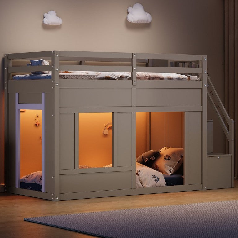 English Elm Twin Loft Bed with LED Lighting Storage Stairs and Open Play Space in Wood Frame Antique Grey N7090005066E