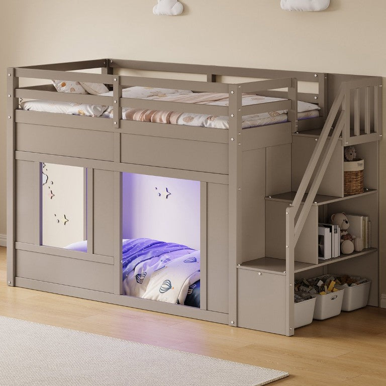 English Elm Twin Loft Bed with LED Lighting Storage Stairs and Open Play Space in Wood Frame Antique Grey N7090005066E