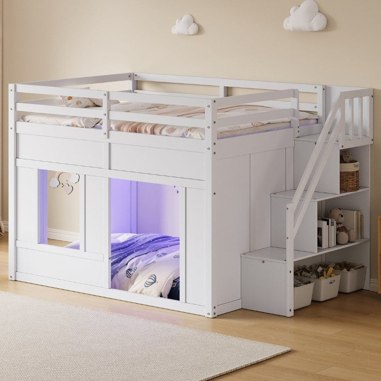 English Elm Full Size Loft Bed with Storage Stairs Built-In LED Lights and Guardrail for Kids White N7090005067K
