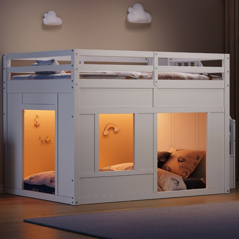 English Elm Full Size Loft Bed with Storage Stairs Built-In LED Lights and Guardrail for Kids White N7090005067K