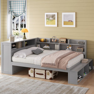 English Elm Full Size Storage Daybed with Side Cabinets Shoe Rack and Built-in Usb Charging Gray N7090005103E