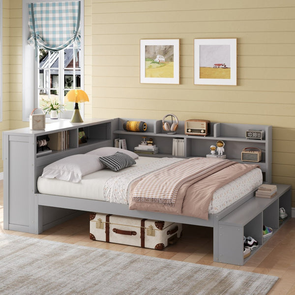 English Elm Full Size Storage Daybed with Side Cabinets Shoe Rack and Built-in Usb Charging Gray N7090005103E