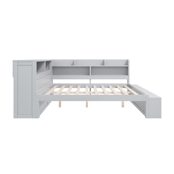 English Elm Full Size Storage Daybed with Side Cabinets Shoe Rack and Built-in Usb Charging Gray N7090005103E