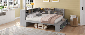 English Elm Full Size Storage Daybed with Side Cabinets Shoe Rack and Built-in Usb Charging Gray N7090005103E