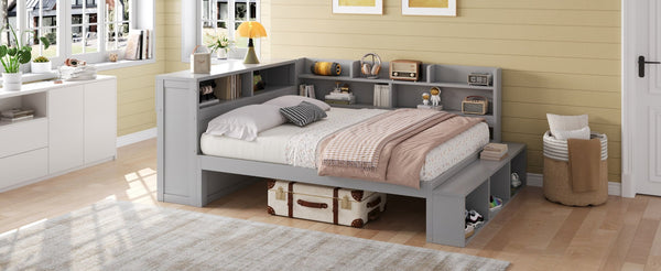 English Elm Full Size Storage Daybed with Side Cabinets Shoe Rack and Built-in Usb Charging Gray N7090005103E