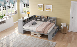 English Elm Full Size Storage Daybed with Side Cabinets Shoe Rack and Built-in Usb Charging Gray N7090005103E
