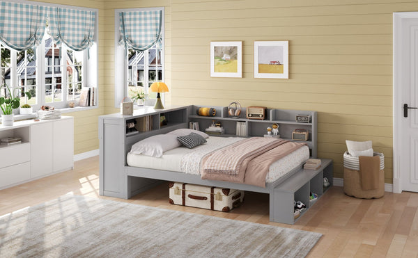 English Elm Full Size Storage Daybed with Side Cabinets Shoe Rack and Built-in Usb Charging Gray N7090005103E
