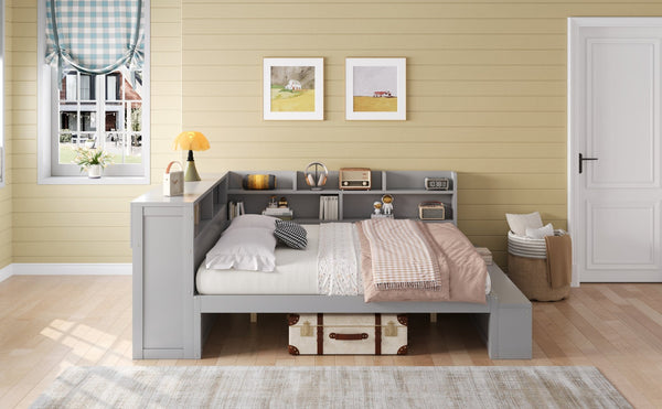 English Elm Full Size Storage Daybed with Side Cabinets Shoe Rack and Built-in Usb Charging Gray N7090005103E