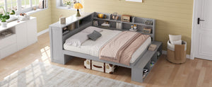 English Elm Full Size Storage Daybed with Side Cabinets Shoe Rack and Built-in Usb Charging Gray N7090005103E