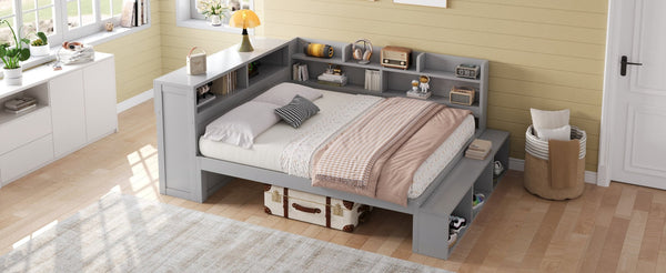 English Elm Full Size Storage Daybed with Side Cabinets Shoe Rack and Built-in Usb Charging Gray N7090005103E