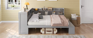 English Elm Full Size Storage Daybed with Side Cabinets Shoe Rack and Built-in Usb Charging Gray N7090005103E