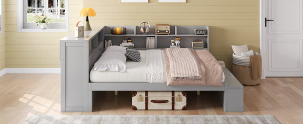 English Elm Full Size Storage Daybed with Side Cabinets Shoe Rack and Built-in Usb Charging Gray N7090005103E