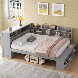 English Elm Full Size Storage Daybed with Side Cabinets Shoe Rack and Built-in Usb Charging Gray N7090005103E