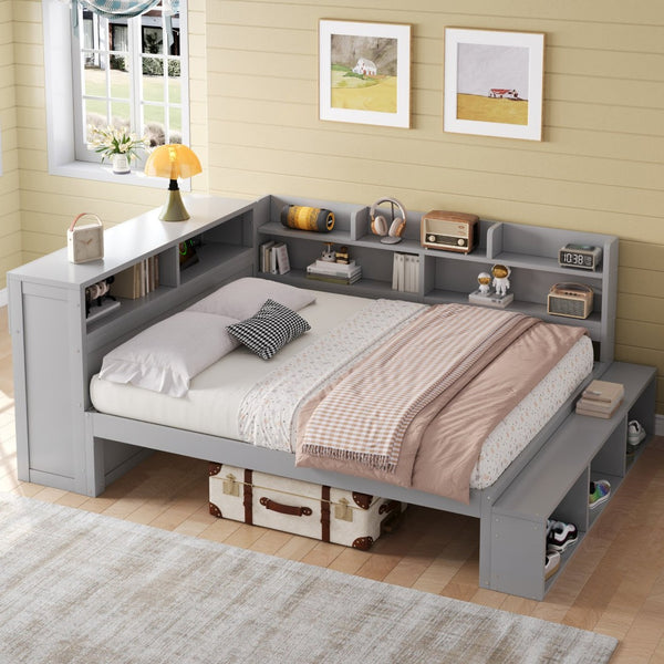 English Elm Full Size Storage Daybed with Side Cabinets Shoe Rack and Built-in Usb Charging Gray N7090005103E