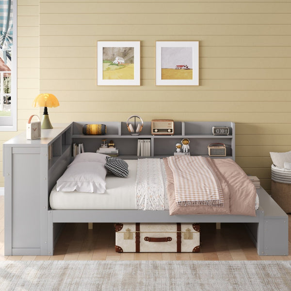 English Elm Full Size Storage Daybed with Side Cabinets Shoe Rack and Built-in Usb Charging Gray N7090005103E