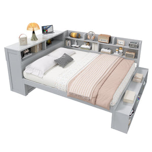 English Elm Full Size Storage Daybed with Side Cabinets Shoe Rack and Built-in Usb Charging Gray N7090005103E