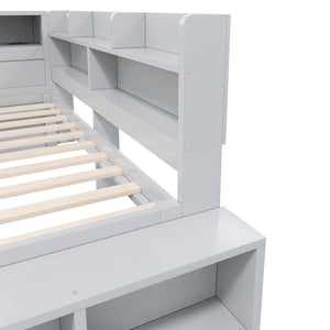 English Elm Full Size Storage Daybed with Side Cabinets Shoe Rack and Built-in Usb Charging Gray N7090005103E