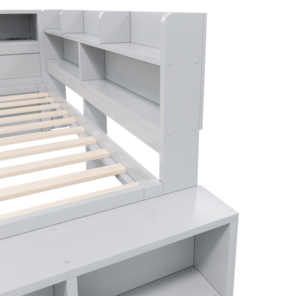 English Elm Full Size Storage Daybed with Side Cabinets Shoe Rack and Built-in Usb Charging Gray N7090005103E