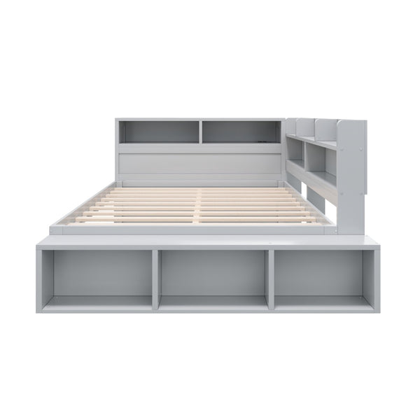 English Elm Full Size Storage Daybed with Side Cabinets Shoe Rack and Built-in Usb Charging Gray N7090005103E
