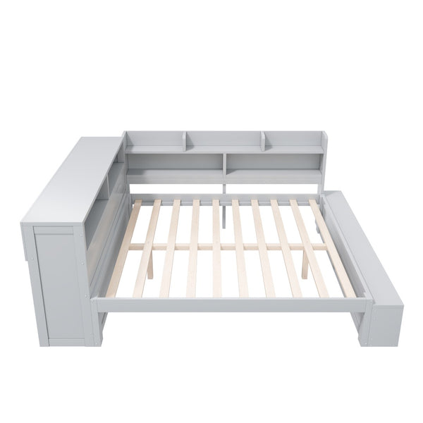 English Elm Full Size Storage Daybed with Side Cabinets Shoe Rack and Built-in Usb Charging Gray N7090005103E