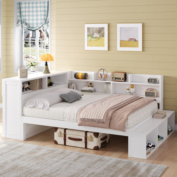 English Elm Full Size Storage Daybed with Side Cabinets Shoe Rack and Built-in Usb Charging White N7090005103K
