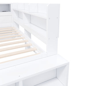 English Elm Full Size Storage Daybed with Side Cabinets Shoe Rack and Built-in Usb Charging White N7090005103K