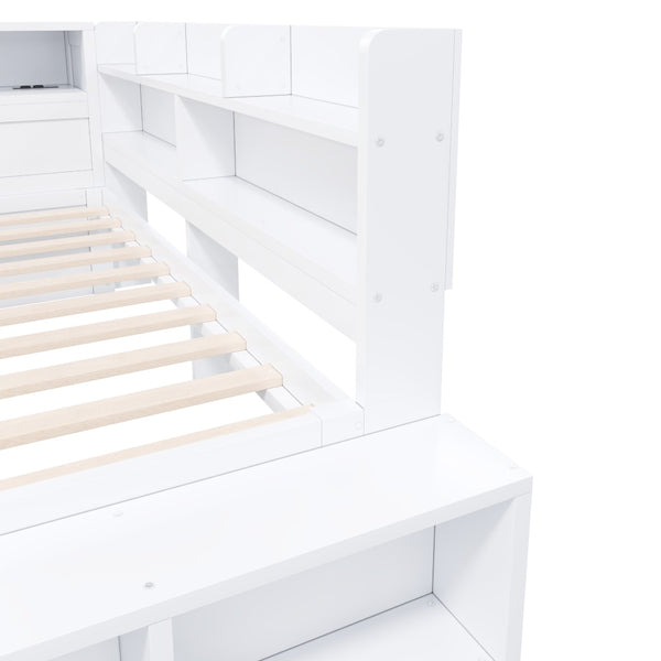 English Elm Full Size Storage Daybed with Side Cabinets Shoe Rack and Built-in Usb Charging White N7090005103K